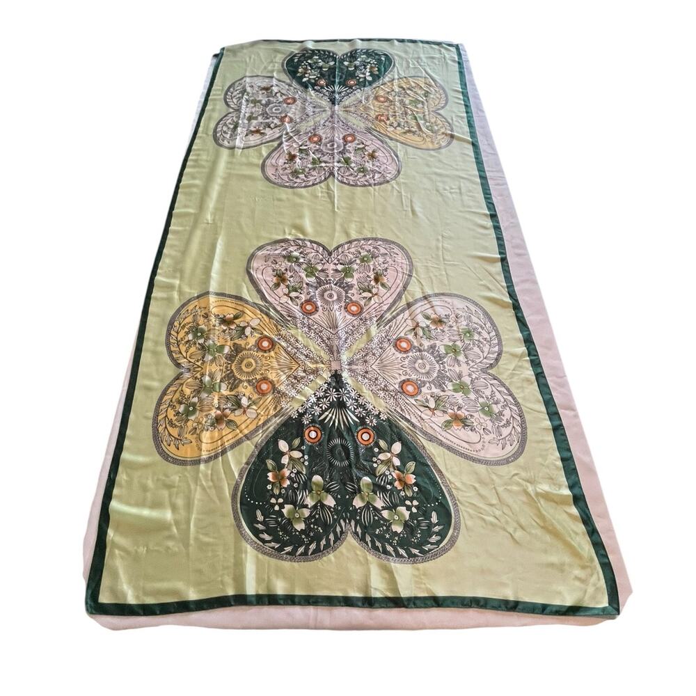 Vintage Womens Scarf 4 Leaf Clover Green Silk Hearts Rectangular